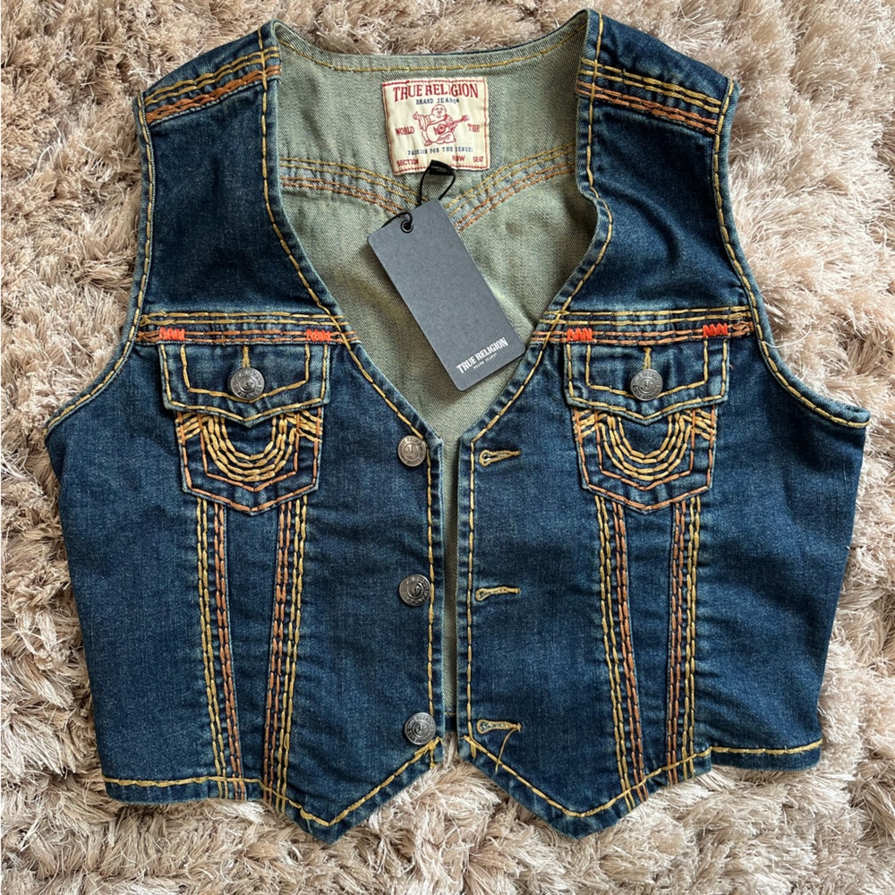 True Religion Dark Denim Vest with Yellow Accents